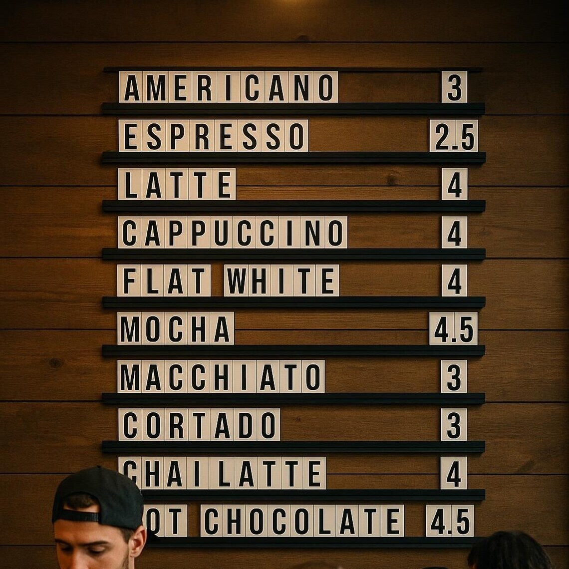 Letterbord met zwarte aluminium rails als menubord in de horeca