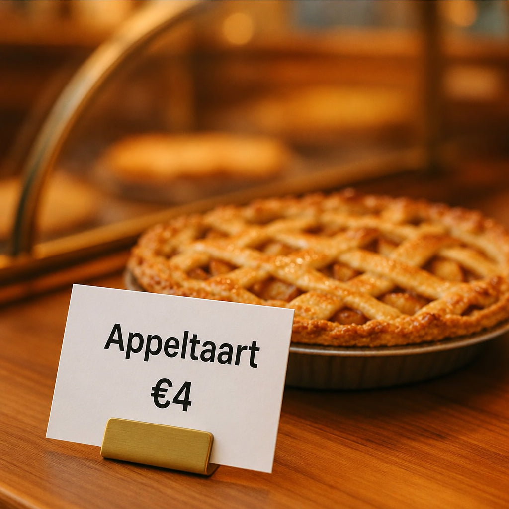 Messing prijskaarthouder met prijskaartje bij appeltaart