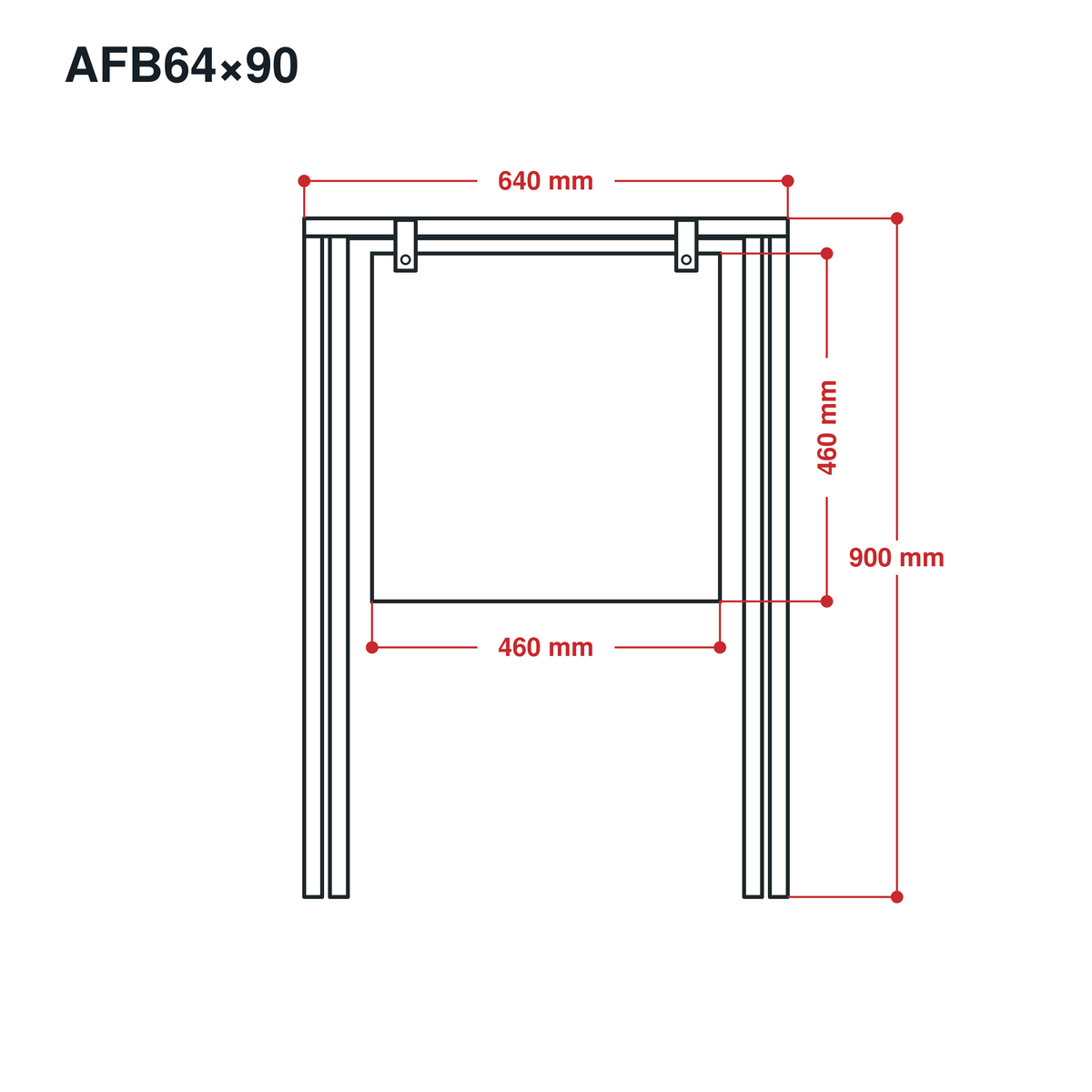 Technische tekening met afmetingen van het stoepbord A-frame, 64 × 90 cm