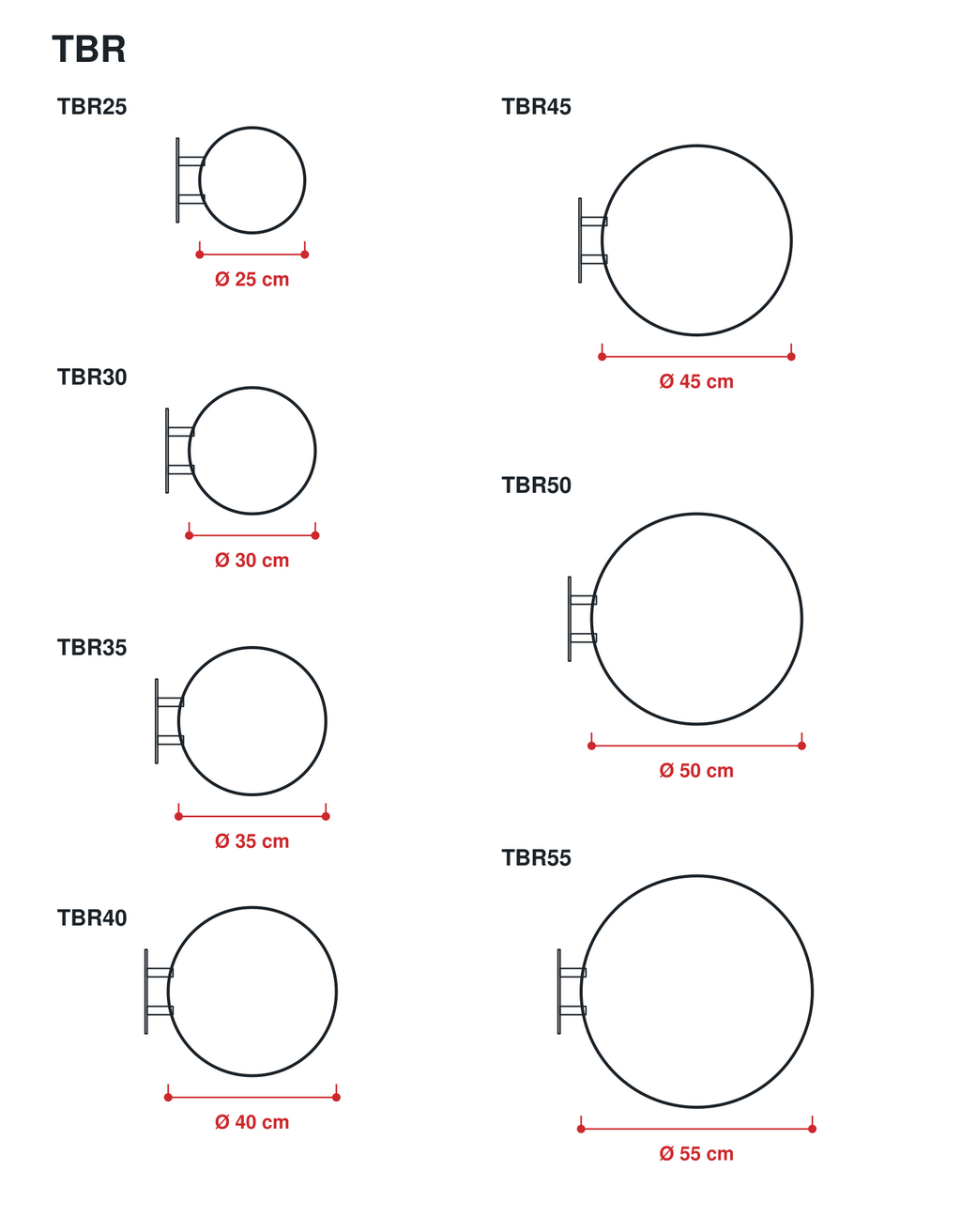 Technische tekening van het ronde uithangbord in 7 maten, Ø 25 tot 55 cm